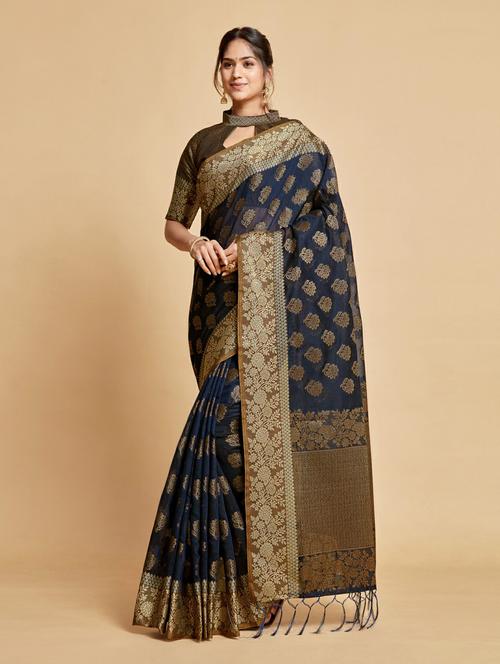 dark blue self design chanderi saree - 20203909 - Very Small Image - 1