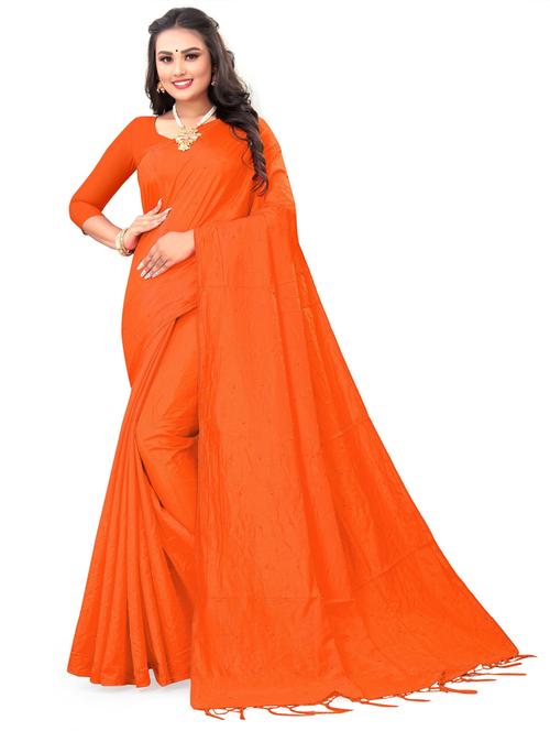 orange solid silk blend saree - 20203935 - Very Small Image - 1