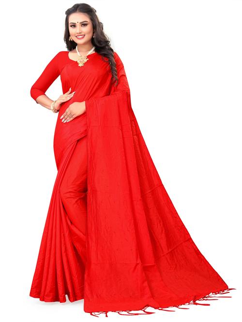 red solid silk blend saree with blouse - 20203939 - Very Small Image - 1