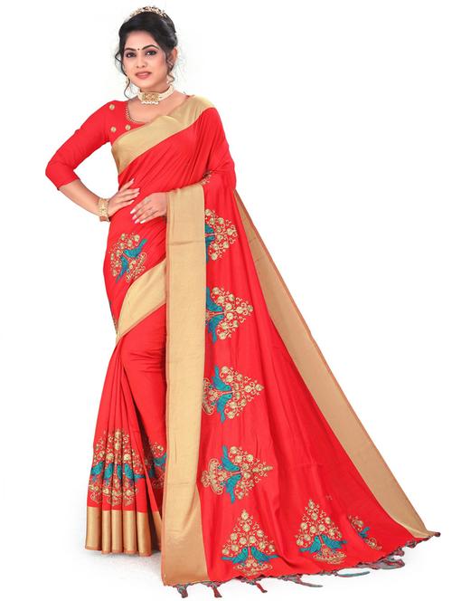red self design embroidered saree with blouse - 20203944 - Very Small Image - 1