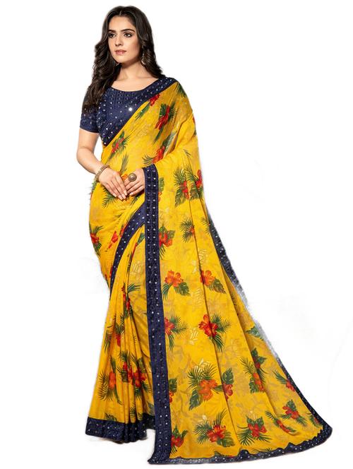 yellow floral printed chiffon sareee - 20203951 - Very Small Image - 1