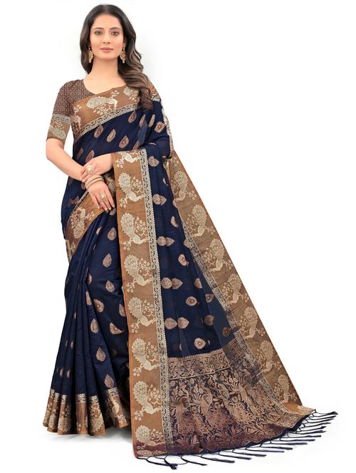dark blue self design chanderi saree with blouse - 20203960 - Very Small Image - 1