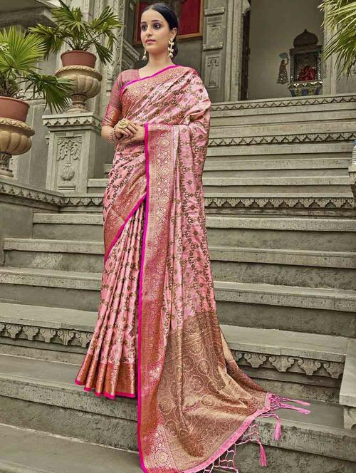 pink self design banarasi saree with blouse - 20203961 - Very Small Image - 1