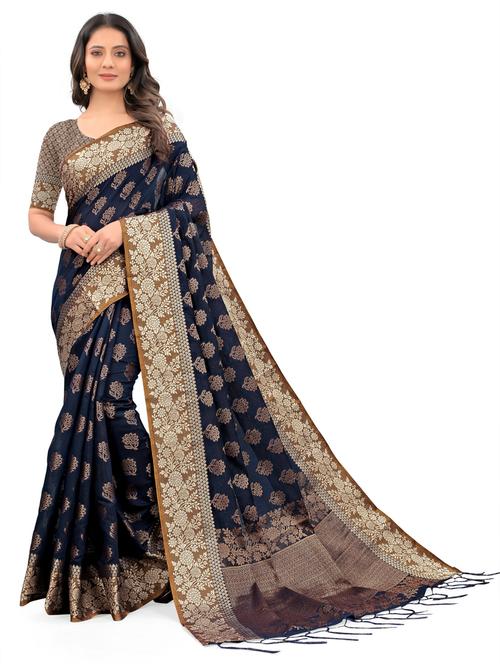 dark blue self design woven saree with blouse - 20203976 - Very Small Image - 1