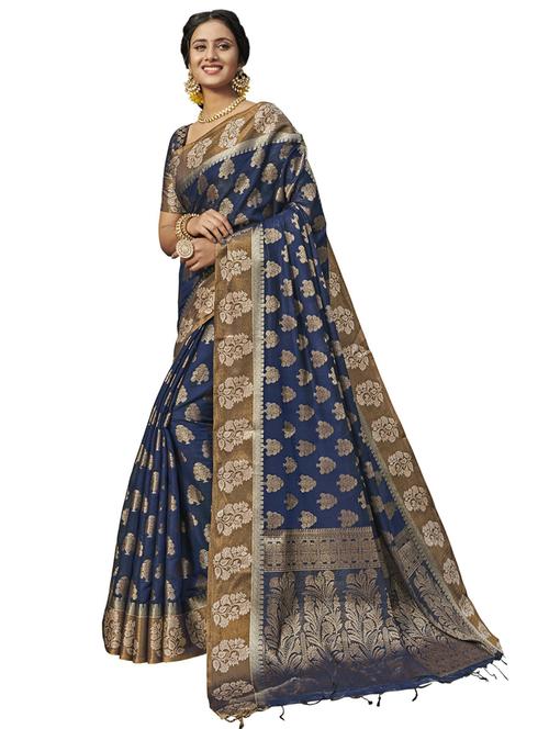 dark blue self design woven saree with blouse - 20203981 - Very Small Image - 1