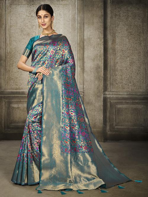 teal self design woven saree with blouse - 20203986 - Very Small Image - 1