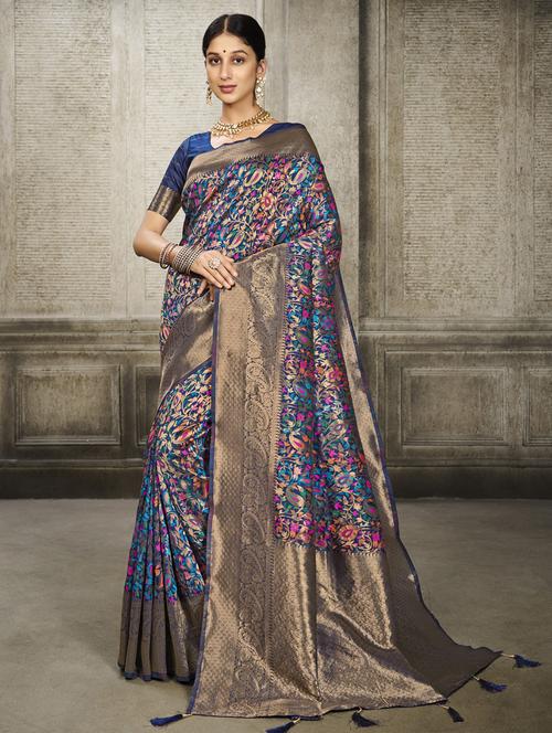 dark blue self design woven saree with blouse - 20203988 - Very Small Image - 1