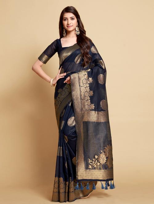 dark blue self design woven saree with blouse - 20203999 - Very Small Image - 1