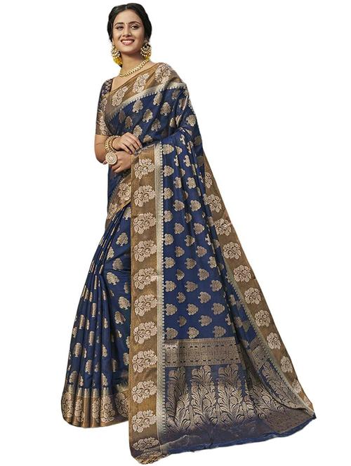 dark blue self design woven saree with blouse - 20204012 - Very Small Image - 1