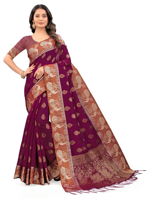 purple self design chanderi saree with blouse - 20204031 - Very Small Image - 1