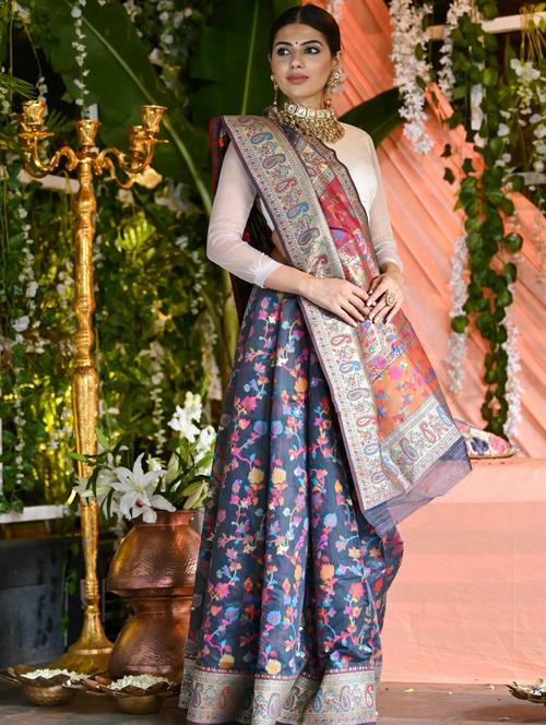 dark blue self design silk blend saree with blouse - 20204037 - Very Small Image - 1