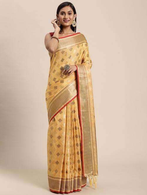 yellow self design chanderi saree with blouse - 20204041 - Very Small Image - 1
