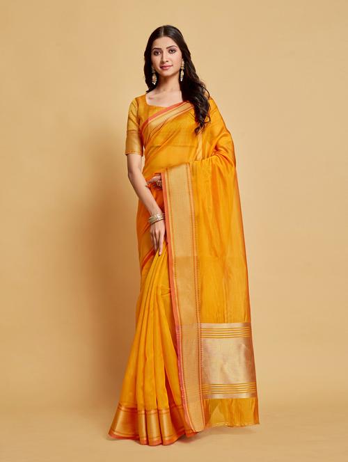 mustard solid woven saree with blouse - 20204044 - Very Small Image - 1