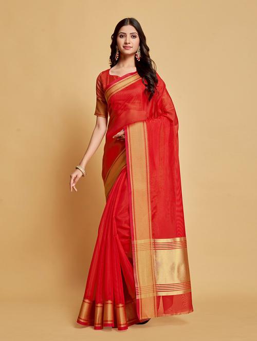 red solid woven saree with blouse - 20204045 - Very Small Image - 1