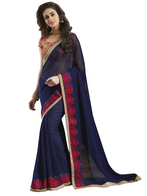 lace bordered solid saree with blouse - 20204093 - Very Small Image - 1