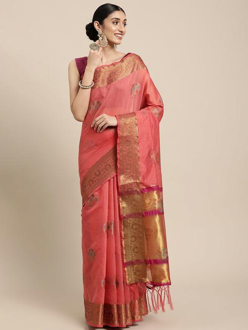 pink self design woven saree with blouse - 20204140 - Very Small Image - 1