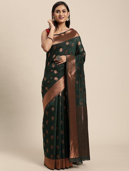 dark green self design woven saree with blouse - 20204147 - Very Small Image - 1