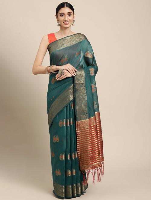 teal self design woven saree with blouse - 20204148 - Very Small Image - 1