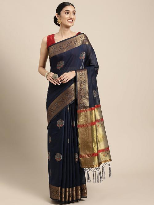 dark blue self design woven saree with blouse - 20204151 - Very Small Image - 1