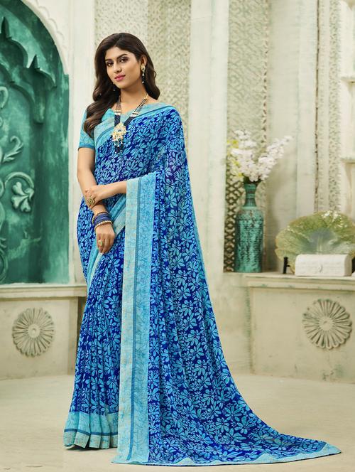 blue printed saree with blouse - 20204363 - Very Small Image - 1