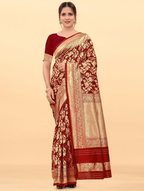 maroon self design banarasi saree with blouse - 20204364 - Very Small Image - 1