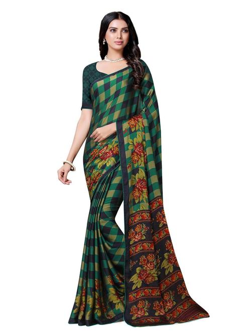 dark green checkered printed saree with blouse - 20204376 - Very Small Image - 1