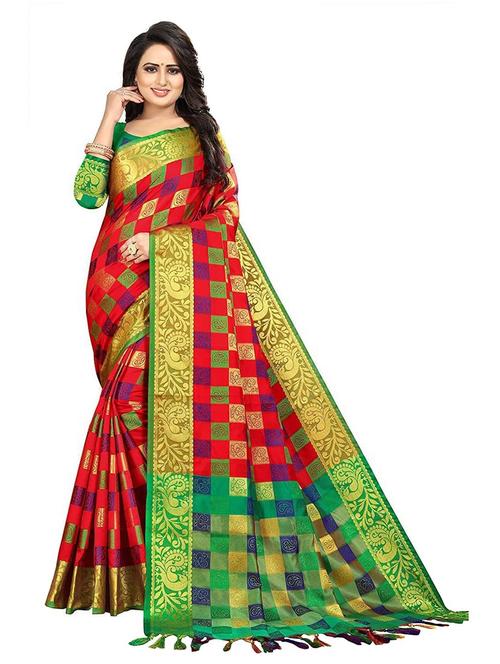 red checkered silk saree with blouse - 20204407 - Very Small Image - 1