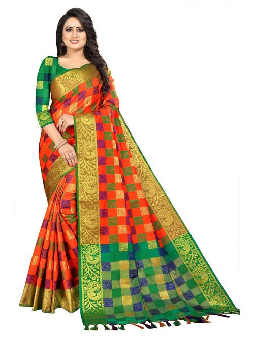 orange jacquard banarasi saree with blouse - 20204416 - Very Small Image - 1