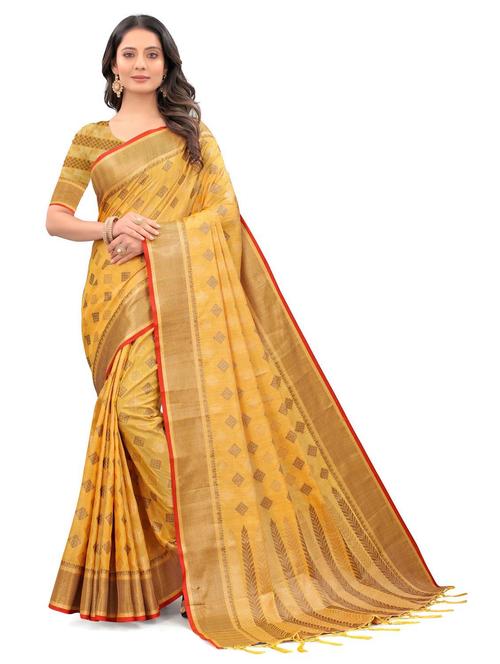 yellow self design woven saree with blouse - 20204438 - Very Small Image - 1