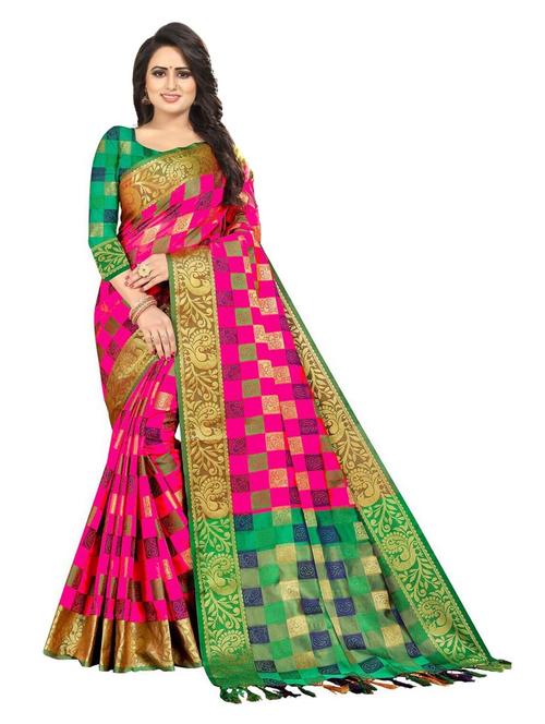 pink checkered printed banarasi saree with blouse - 20204454 - Very Small Image - 1