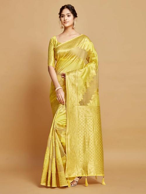 yellow chanderi saree with tassels with blouse - 20204511 - Very Small Image - 1