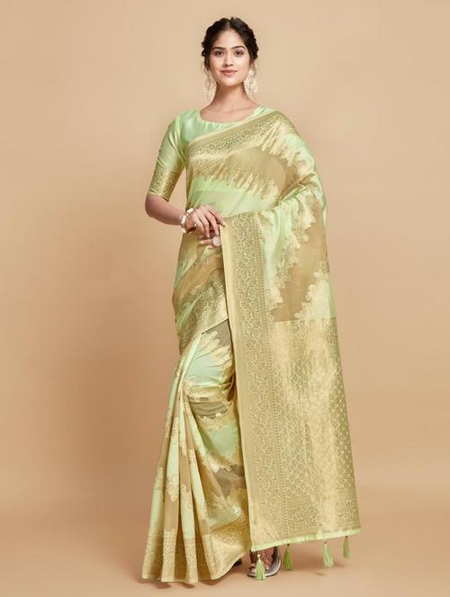 green linen chanderi saree with blouse - 20204515 - Very Small Image - 1