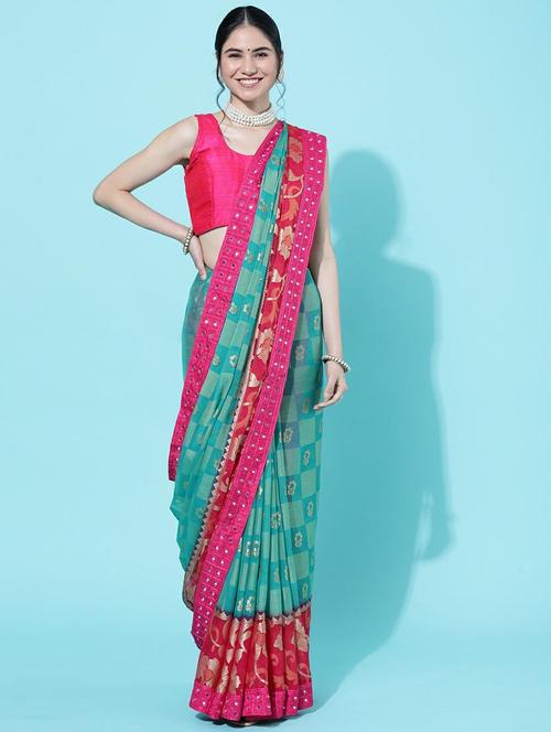 women turquoiuise checkered saree with blouse - 20204521 - Very Small Image - 1