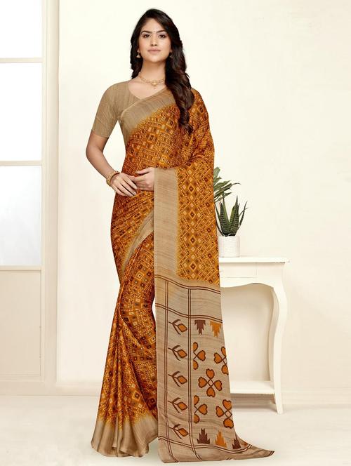 mustard chiffon printed saree - 20204546 - Very Small Image - 1