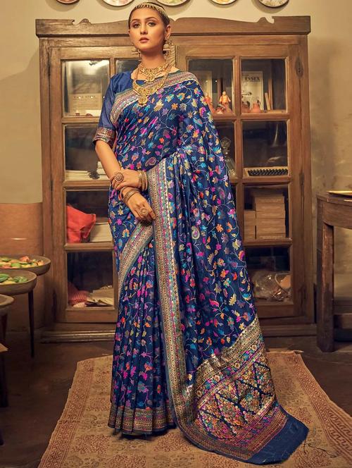 golden zari work navy blue saree with blouse - 20204580 - Very Small Image - 1