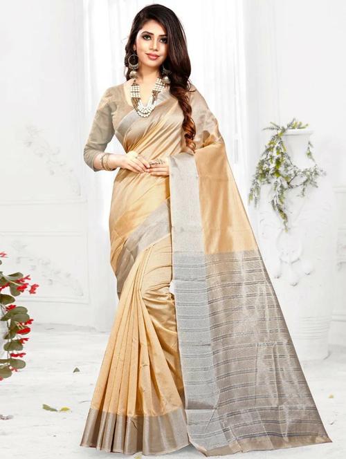 cream cotton silk bordered saree with blouse - 20204589 - Very Small Image - 1