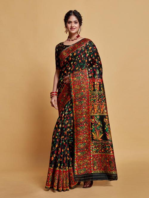 black ethnic thread woven silk blend saree with blouse - 20204614 - Very Small Image - 1