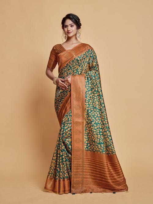 teal floral printed tussar silk saree with blouse - 20204620 - Very Small Image - 1