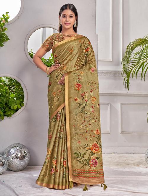 tassel detailed floral linen saree with blouse - 20204648 - Very Small Image - 1