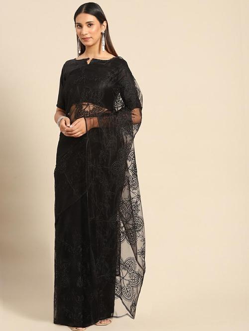 black colored embroidered saree with blouse - 20204673 - Very Small Image - 1