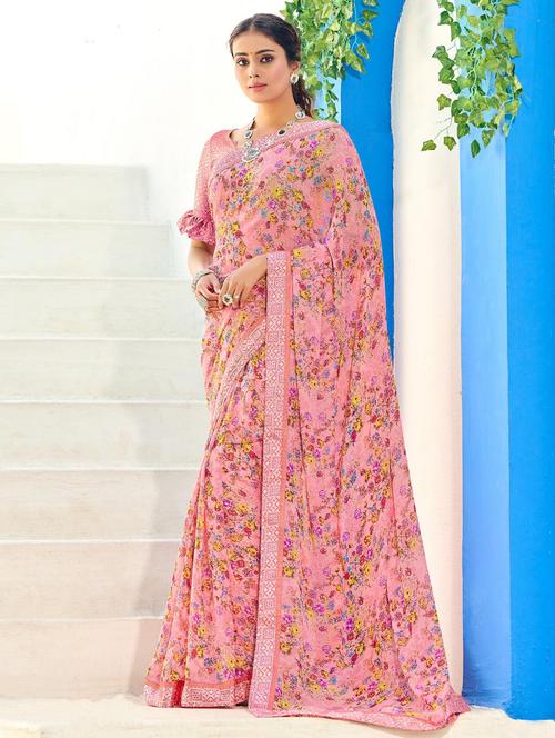pink floral printed saree with blouse - 20204691 - Very Small Image - 1