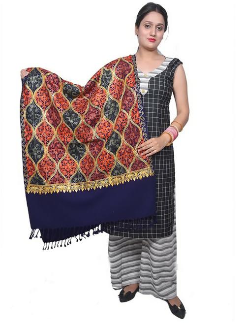 blue embroidered wool pashmina shawl - 20204779 - Very Small Image - 1