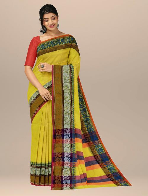 yellow cotton blend handloom saree - 20204818 - Very Small Image - 1