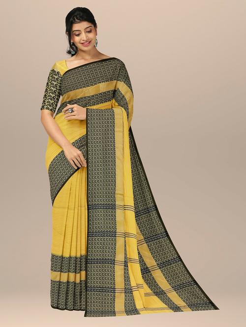 yellow cotton blend handloom saree with blouse - 20204841 - Very Small Image - 1