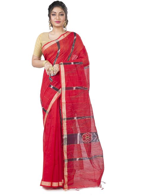 red cotton blend tant saree with blouse - 20204847 - Very Small Image - 1