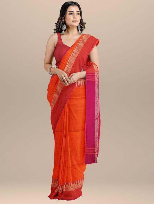 orange cotton blend narayanpet saree with blouse - 20205007 - Very Small Image - 1