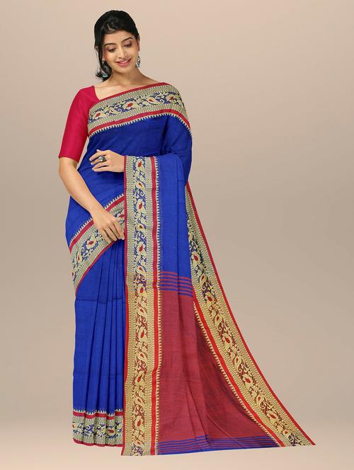 blue cotton blend tant saree with blouse - 20205051 - Very Small Image - 1