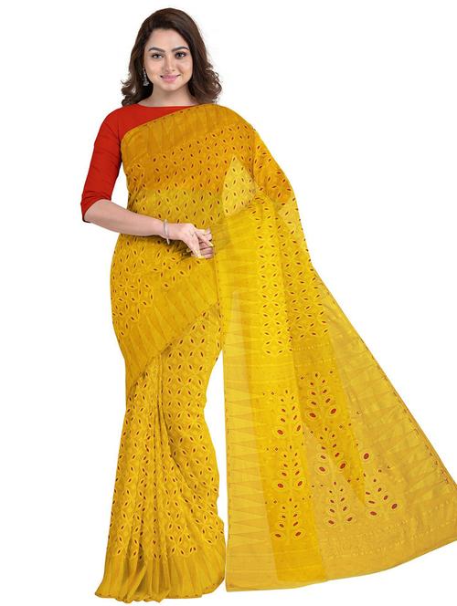 yellow cotton blend jamdani saree - 20205067 - Very Small Image - 1