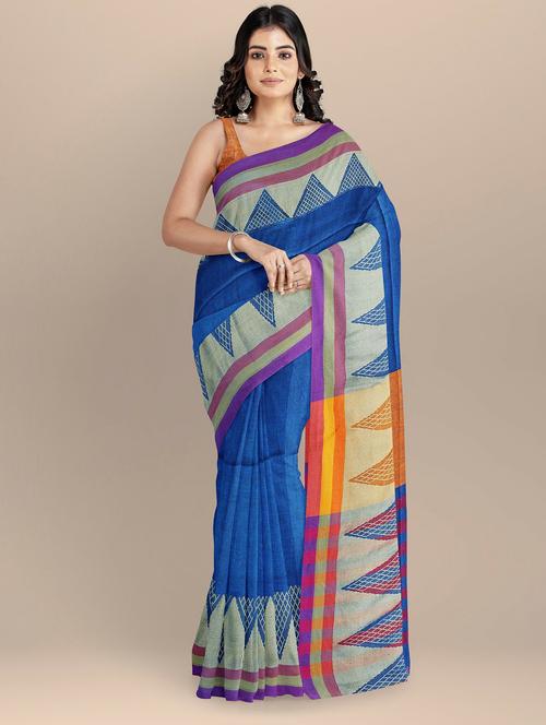 blue cotton blend narayanpet saree with blouse - 20205086 - Very Small Image - 1