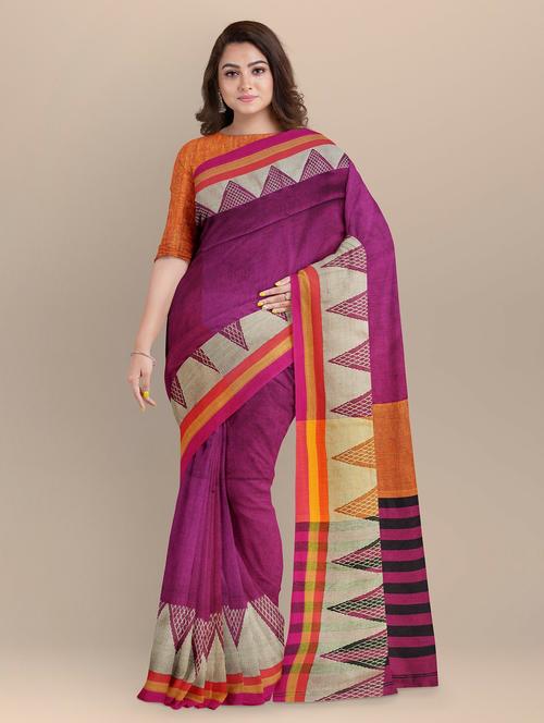 magenta cotton blend handloom saree with blouse - 20205102 - Very Small Image - 1